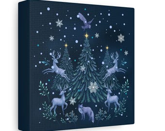 Winter Forest Deer Canvas | Stretched Matte Canvas Wall Art; Christmas and winter holiday deco, forest spirit, spiritual