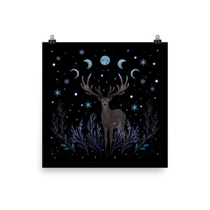 Giclée Print Poster, Deer in Winter Night Art Print Original Illustration Boho Wall Decor Celestial Moon Phase Magical Forest Animal Wicca