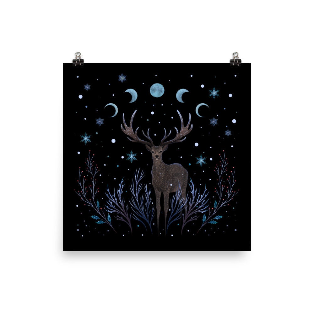 Deer in Winter Night Art Print Original Illustration Boho Wall Decor Celestial Moon Phase Magical Forest Animal Wicca Giclée Print Poster