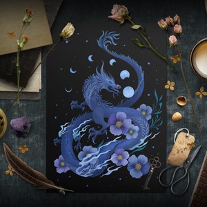 Giclée Print Poster, Year of Dragon Art Print, Original Illustration Boho Wall Decor Handmade Chinese Zodiac Mystical Creature Wicca