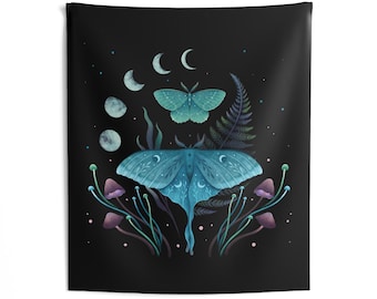 Moon Phases Moth Indoor Wall Tapestry | Blue Moth Botanical Night Sky
