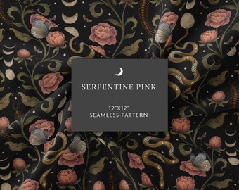 Seamless Pattern, Serpentine Pink Digital Paper, Witchy Surface Design, Moon Snake Pattern, Gift Wrapping, Digital Download