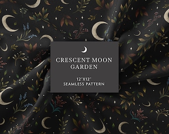 Seamless Pattern, Crescent Moon Garden Digital Paper, Magical Wicca, Boho Surface Design, Patterned Paper, Gift Wrapping, Digital Download