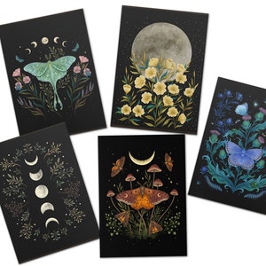 Mondschein Grußkarten 5er Set, Verschiedene Luna Karten, 4"x6" Größen, Magische Karte, Flora und Fauna, All Anlass Karte, Wicca