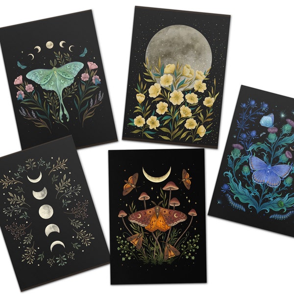 Moonlit Greeting Card Pack of 5, Assorted Luna Cards, 4"x6" Sizes,  Magical Card, Flora and Fauna, All Occasion Card, Wicca