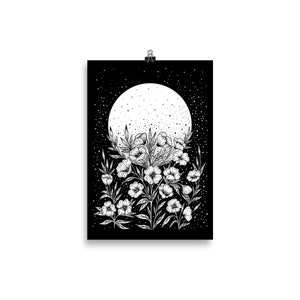 Giclée Print Poster, Mond Gruß Schwarz Weiß Kunstdruck, Original Illustration, A4 Druck, Mond Blume Celestial Vollmond Magische Wicca