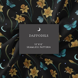 Seamless Pattern, Daffodils Digital Paper Floral Paper, Botany Surface Design, Magical Crescent Moon Wicca Scrapbook Paper, Digital Download