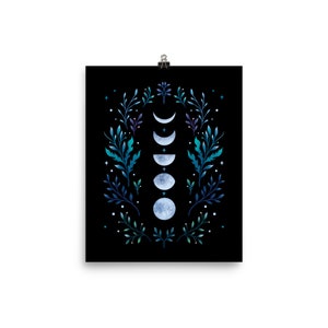 Giclée Print Poster, Moonlight Garden-Blue Art Print, Original Illustration Boho Wall Decor Handmade Celestial Moon Phases Magical Wicca