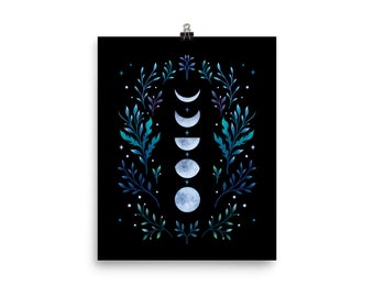 Giclée Print Poster, Moonlight Garden-Blue Art Print, Original Illustration Boho Wall Decor Handmade Celestial Moon Phases Magical Wicca