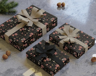 Dark Snake Pink Floral Pattern Wrapping Paper Roll | Pink Rose forest spirit, halloween and holiday gift, spooky night