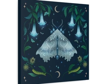 Magical Lunar White Moth Matte Canvas, Forest spirit, Winter holiday, spiritual, Beautiful Nature, forest night, witchy, whimsical
