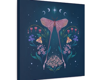 Magical Night Luna Pink Moth Floral Art Matte Canvas, Forest spirit, magical nature moment, witchy, peaceful and calm