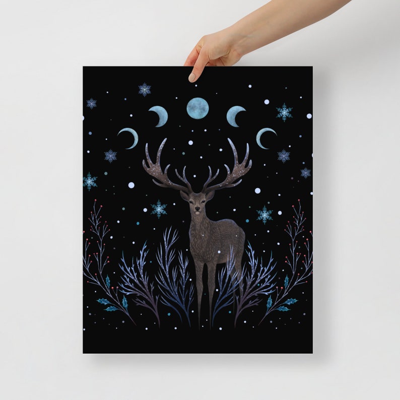 Deer in Winter Night Art Print Original Illustration Boho Wall Decor Celestial Moon Phase Magical Forest Animal Wicca Giclée Print Poster