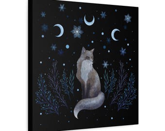 Magical Moonlit Winter Fox Canvas | Stretched Matte Wall Art, Forest Spirit, Spiritual, beautiful natural creature, Starry night, witchy