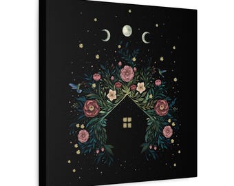 Floral Moon Phases House Matte Canvas, Magical Forest Night, Witchy, spiritual, peaceful and calm