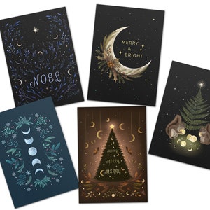 Winter Grußkarten 5er Set, verschiedene Witchy Weihnachtskarten, 4 "x6" Größen, magische Karte, Luna Weihnachten, Feiertagsgrußkarte, Wicca