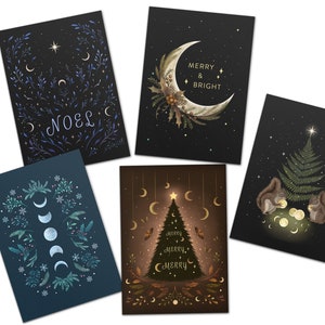 Winter Greeting Card Pack of 5, Assorted Witchy Christmas Cards, 4"x6" Sizes,  Magical Card, Luna Christmas, Holiday greeting Card, Wicca