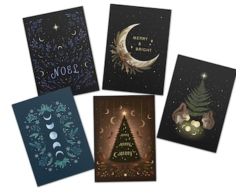 Winter Greeting Card Pack of 5, Assorted Witchy Christmas Cards, 4"x6" Sizes,  Magical Card, Luna Christmas, Holiday greeting Card, Wicca