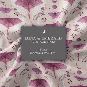 May include: A seamless pattern featuring a vintage pink background with illustrations of moths, mushrooms, and crescent moons. The text "LUNA & EMERALD (VINTAGE PINK) 12"x12" SEAMLESS PATTERN" is displayed on a gray rectangle.