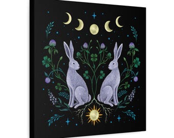 Magical Night of Year of Rabbits Canvas | Stretched Matte Wall Art, Phased Moon, Forest spirit, mystical creature, Zodiac