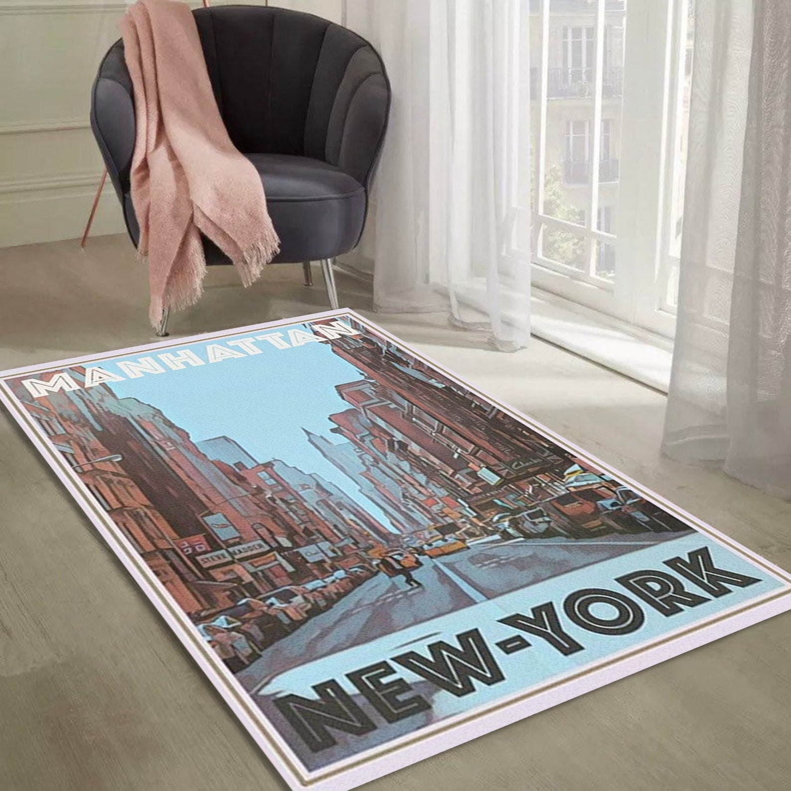 Manhattan New York Rug Retro Vintage Style Travel Living Etsy