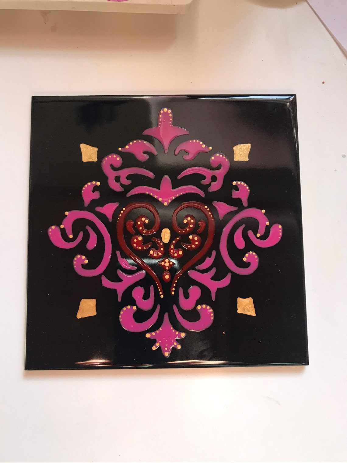 Hand painted decorative wall tile Pink Etsy