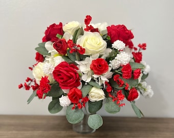 Red and White Wedding Centerpiece for Stand or Vase, Flower Arrangement, Red Wedding Flowers, Greenry, Large Arrangement, Red Centerpiece