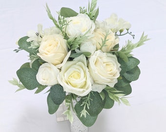 Traditional Ivory and Sage Bouquet Bridal Bouquet Bridesmaids Bouquet  Rose Bouquet Eucalyptus Bouquet  Traditional White Bouquet
