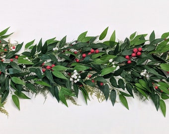 Winter Garland with Italian Ruscus and Red Berries, Christmas Garland, Table Runner, Fireplace Mantle Garland, Winter Wedding Table Greenery
