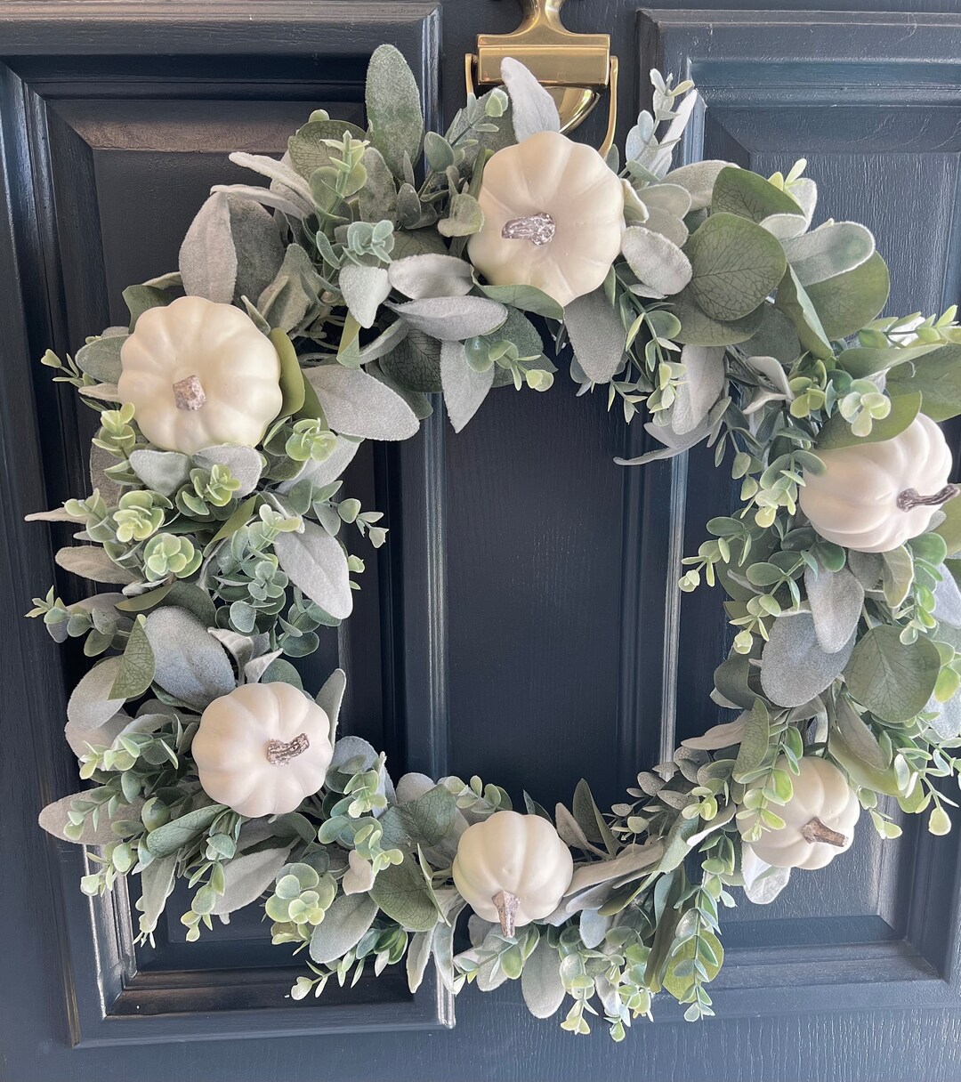 Eucalyptus and Lambs Ears With White Pumpkins Wreath, Natural Wreath ...