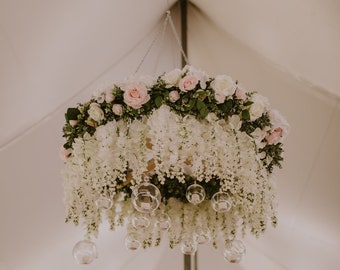 Round Flower Chandelier, Flower installation, Wedding Chandelier, Wedding Flowers, Custom Flowers, Wisteria, Centerpieces, Hanging Flowers