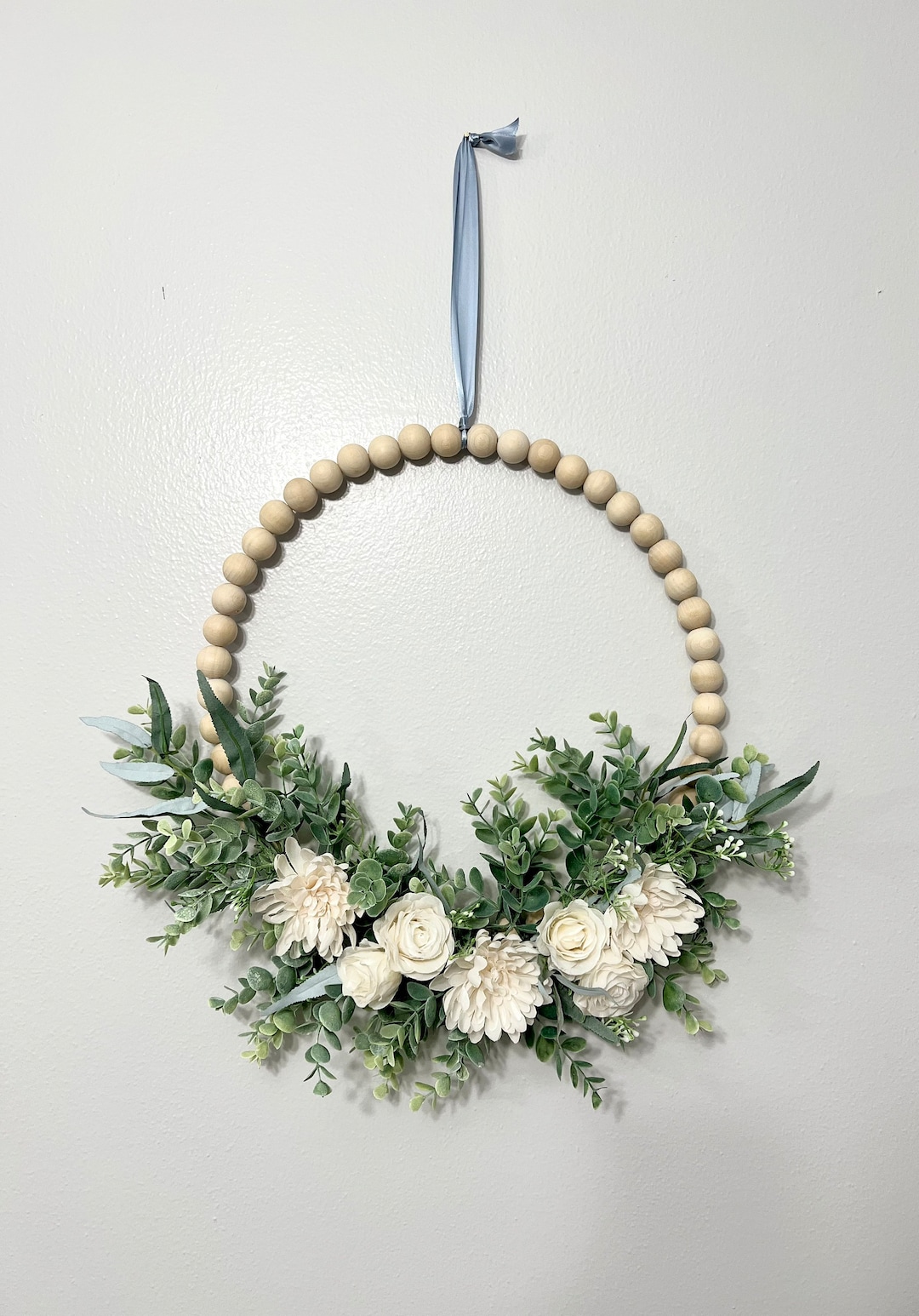 Wood Beaded Wreath With Ivory Flowers Natural Wreath - Etsy