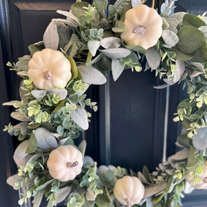 Eucalyptus and Lambs Ears With White Pumpkins Wreath, Natural Wreath ...