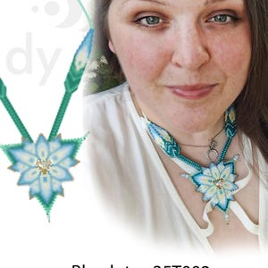 May include: A turquoise and white beaded necklace featuring a blue lotus flower design. The necklace has a central crystal and is part of a Peyote beading tutorial. The image includes the text "Blue lotus 25T002" and "LadyLunarCat".