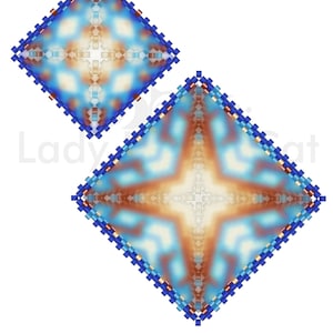 May include: A digital pattern for a peyote square beading project, featuring a blue, orange, and white geometric design. The pattern is titled "Zura 23PQ001 - 26 and 16 rows" and includes a color chart, word chart, bead count, and a basic tutorial.