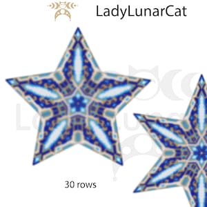 May include: A blue and gold peyote 3D star beading pattern in PDF format. The pattern is for a 30-row star and includes a color chart, word chart, bead count, and a basic tutorial.
