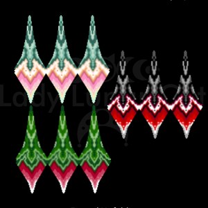 May include: Digital illustration of beaded spindlepod designs in various colors. The image features six spindlepod designs in green, pink, red, and white. Text at the bottom reads "Eternal Unfolding" and "LadyLunarCat".