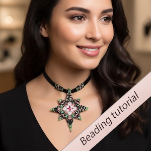 May include: A woman wearing a black choker necklace with a beaded star pendant. The star pendant features a floral design with pink, green, and black beads. The image includes the text "Beading tutorial".