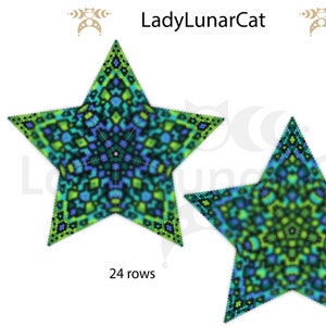 May include: A double-sided peyote star beading pattern in PDF format. The pattern is for a mandala-style star with 24 rows. The design is by Lady Lunar Cat and includes a color chart, word chart, bead count, and a tutorial for peyote 3D star beading.