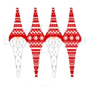 May include: Four red and white gnome designs with a festive pattern, featuring a white beard and a red hat. The image includes the text "Hygge Holiday Gnome" and "LadyLunarCat". This is a Peyote Spindlepod beading tutorial in PDF format.