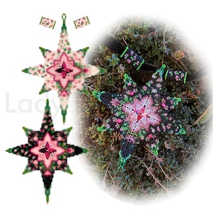Op de afbeelding: Afbeelding met kralen ster ontwerpen in roze, groen en zwart. De ontwerpen hebben een centraal bloemachtig patroon. De tekst "Spring Dreams 25T001" en "Peyote beading tutorial in PDF" zijn zichtbaar. De naam van de ontwerper, LadyLunarCat, wordt weergegeven.