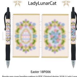 May include: Black pen with a beaded cover displaying an Easter egg design in pastel colours and floral elements. The image also shows a blurred Easter egg design and the text "LadyLunarCat" and "Easter 18P006".