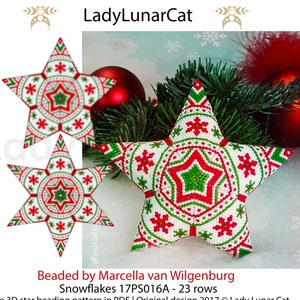 May include: A beaded snowflake ornament in the shape of a five-pointed star. The star is made with red, green, and white beads. The ornament is 23 rows and is a peyote 3D star beading pattern. The image includes the text "Beaded by Marcella van Wilgenburg Snowflakes 17PS016A - 23 rows Peyote 3D star beading pattern in PDF | Original design 2017 © Lady Lunar Cat 1. Color chart, color chart + letter designation 2. Word chart, 3. Numbers and colors of Miyuki Delica seed beads + amount beads of each color 4. Basic tutorial for peyote 3D star"