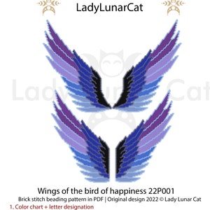 Pode incluir: Um padrão de download digital para bordar asas em forma de pássaro. O padrão chama-se "Wings of the bird of happiness 22P001" e inclui uma tabela de cores, uma designação de letras, uma contagem de contas e um tutorial para o ponto de tijolo.