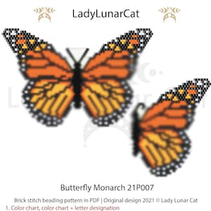 Può includere: Uno schema di perline a punto mattoncino per una farfalla monarca, con una tabella dei colori, una tabella delle parole e istruzioni per l'uso di perline Miyuki Delica. Lo schema è intitolato "Butterfly Monarch 21P007" ed è un design originale di Lady Lunar Cat.