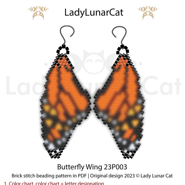 Brick stitch earrings pattern for beading Butterfly Monarch Wing 23P003