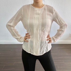 Vintage white silk long sleeve blouse - pleating details - buttoned back closure - lace detail