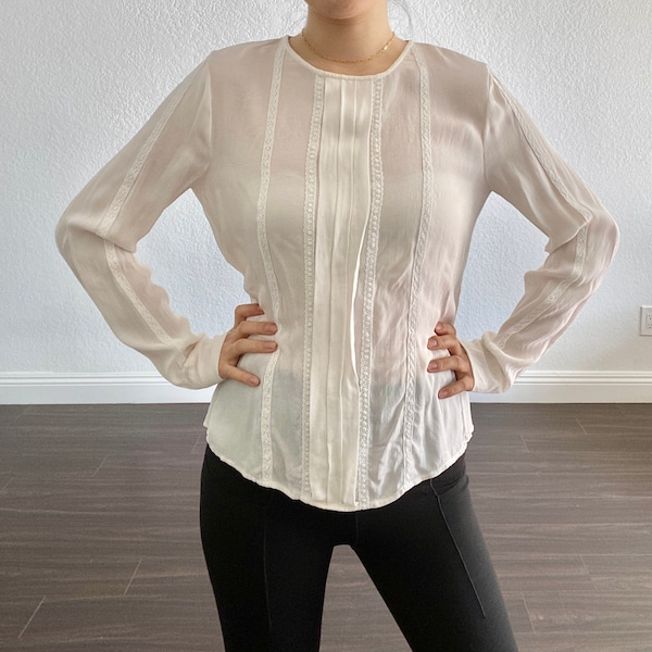 White Pure Cotton Silk Full Sleeve Blouse with Deep Plunging Neckline
