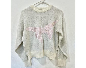 Vintage white sweater with pink butterfly embroidery patch