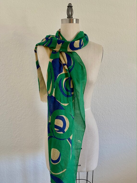 Abstract circle printed scarf, green and blue pri… - image 4